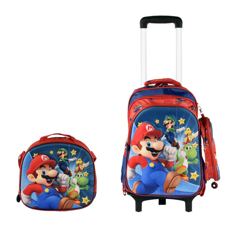Mario 3PCS Detachable Rolling Backpack for Boys With Lunch Bag Pencil Case 2Wheels Roll